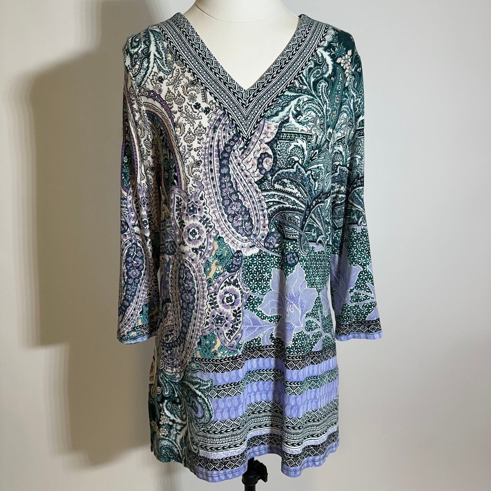 Chico's Purple Green Paisley Print Tunic 3/4 Sleeves V-Neck Womens Size Medium M